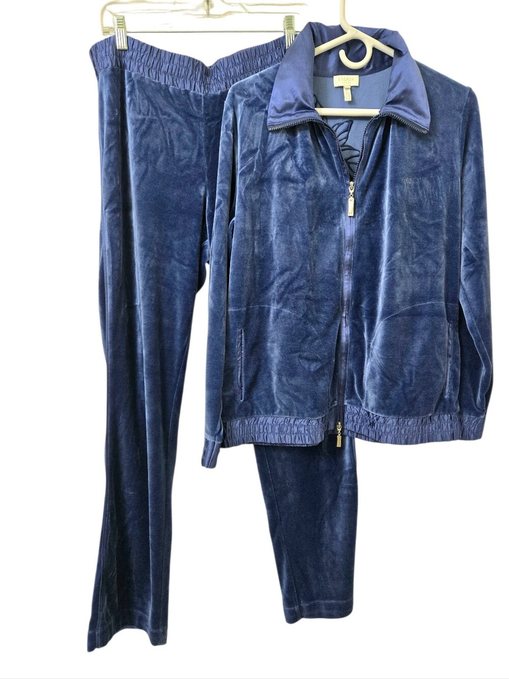 Escada Velour Vintage Tracksuit Set Dark Indigo Velvet Zip Jacket Pants Lg Y2k